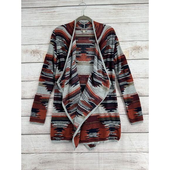 Lucky Brand Aztec Drape Cardigan Sweater Womens Small Gray Maroon Rust - Picture 1 of 14